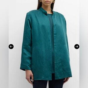 Eileen Fisher Mandarin-Collar Open-Front Satin Jacket in Aegean